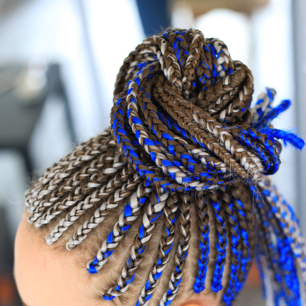 尾、青い髪、アフリカ スタイル cl で収集した薄いおさげ髪 - 写真・画像