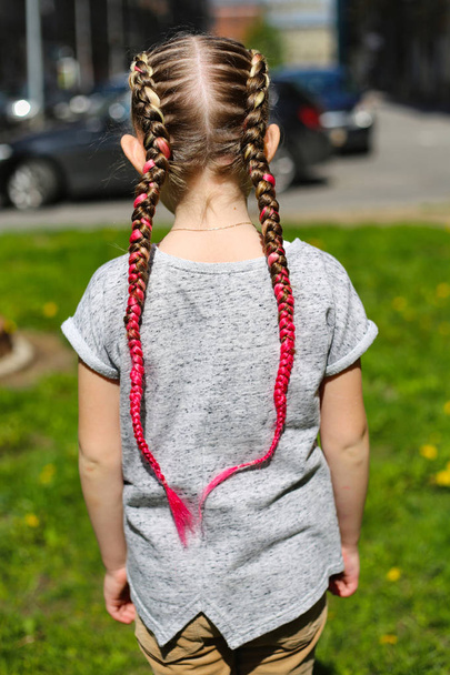thick plaits with pink kanekalon for a little girl on the street backgroun - Photo, Image
