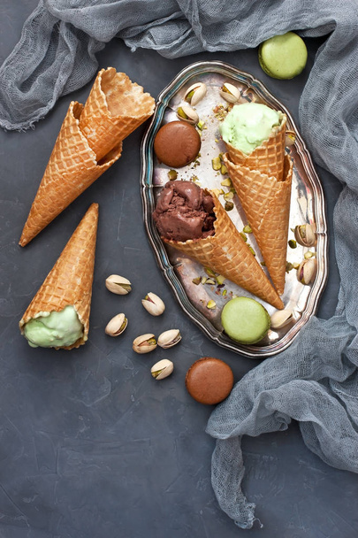 Composition with ice cream  and cookies on concrete background. Top view with copy spac - Φωτογραφία, εικόνα