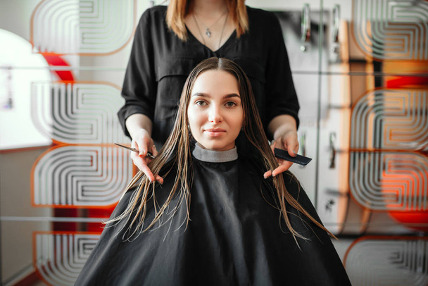 Mulher no salão de cabeleireiro, estilista feminino com tesoura e pente nas mãos sobre fundo. Penteado fazendo no estúdio de beleza
 - Foto, Imagem