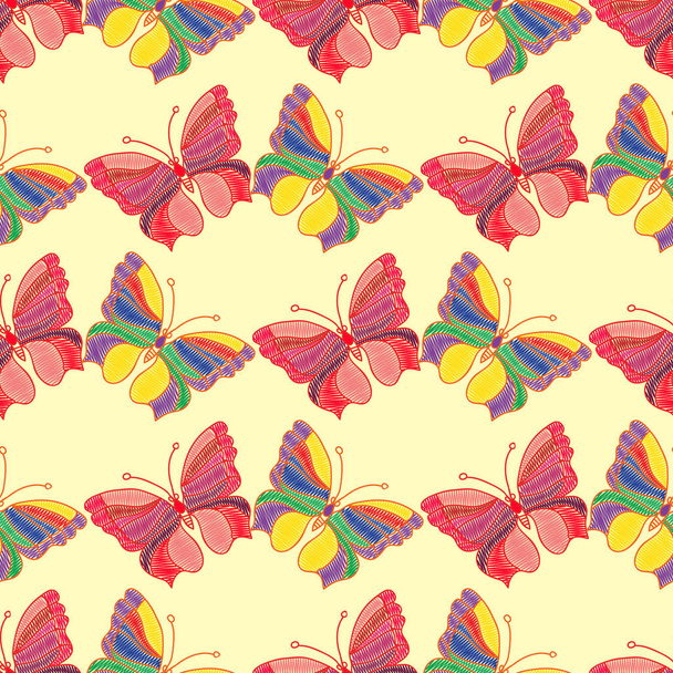 Seamless background of colorful embroidered butterflies on light background, vector illustration - Vector, afbeelding