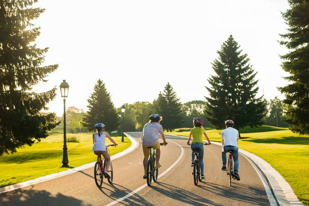 Vrienden fietsen op landweg, achteraanzicht. - Foto, afbeelding
