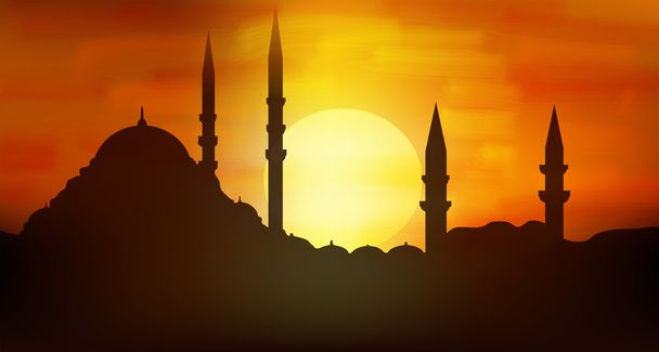 Ηλιοβασίλεμα πάνω από μιναρέδες του Σουλταναχμέτ, τζαμί της Κωνσταντινούπολης σιλουέτα - Διάνυσμα, εικόνα