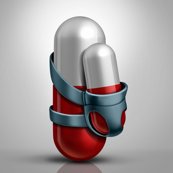 Family medicine or drug dependent baby health concept or healthcare for parents  as a mother or father pill with aan infant carrier holding a newborn capsule as a 3D illustration. - Foto, immagini