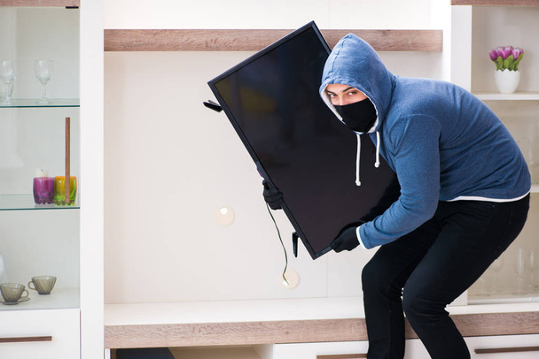 Człowiek włamywacz kradnie telewizor z domu - Zdjęcie, obraz
