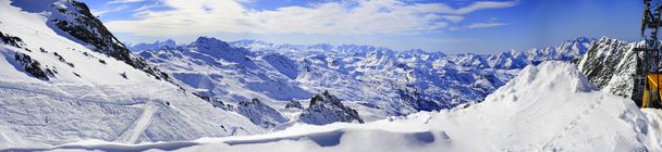 Panorama of Snow Mountain Range Landscape with Blue Sky from 3 Valleys in french Alps - Photo, Image