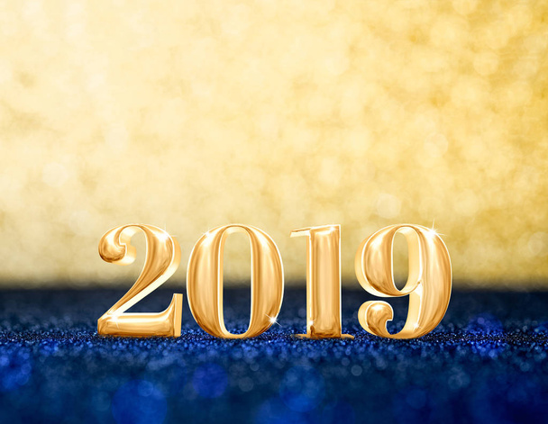 happy new year 2019 year number ( 3d rendering ) at sparkling golden and navy blue glitter studio background ,Holiday celebration Greeting card - Foto, Imagem