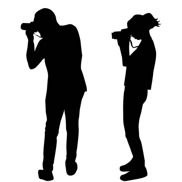 Silhouette von Mann und Frau Fotografen auf weißem Hintergrund - Vektor, Bild