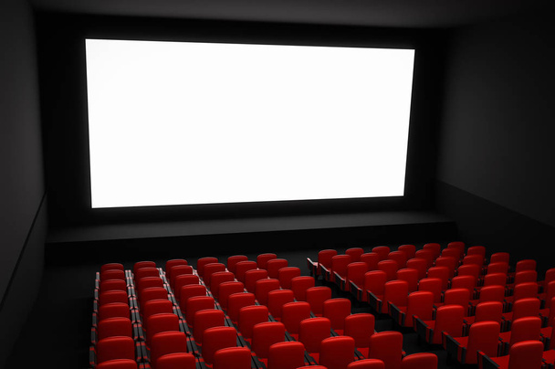 Кінозал з білим порожнім екраном та червоними сидіннями. 3D ілюстрація
. - Фото, зображення