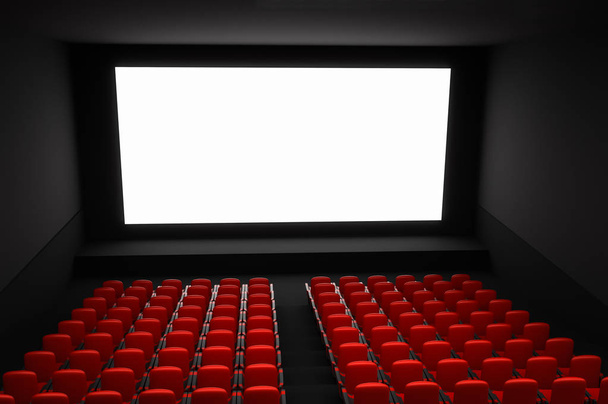 Sala cinematografica con schermo bianco bianco e sedili rossi. Illustrazione resa 3D
. - Foto, immagini