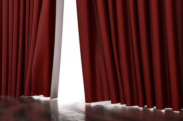 Nyitott vörös függönyök színházban. 3D-s renderelt illusztráció. - Fotó, kép