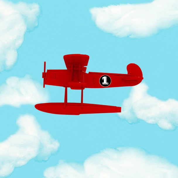 Uitstekende rode vliegtuig vliegt over wolken uit de meest dominante landen over de hele wereld dat wil zeggen ons, Europa, Chinees, Japans, Australische. Luchtvaart concept. - Foto, afbeelding