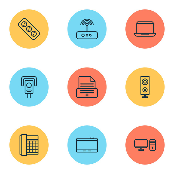 Hardware icons set with office telephone, modem, laptop and other notebook elements. Isolated vector illustration hardware icons. - Vector, Imagen
