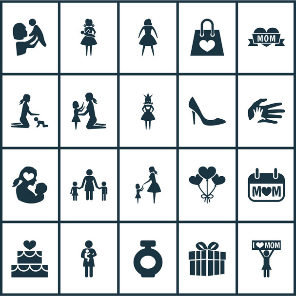 Mothers day icon design concept. Set of 20 such elements as palms, announcement and woman. Beautiful symbols for mother, baby and playing. - Photo, Image