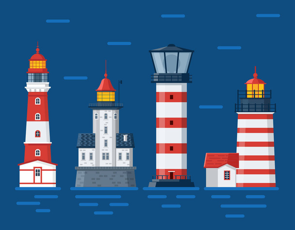 Red Lighthouses on Sea Background - Vector, afbeelding