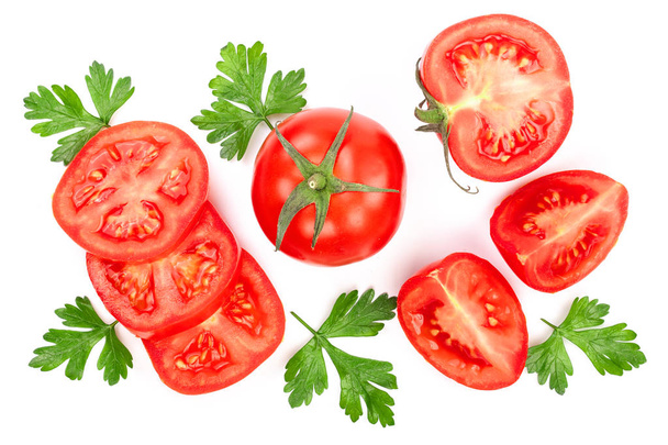 tomatoes with parsley leaves isolated on white background. Top view. Flat lay - Photo, Image