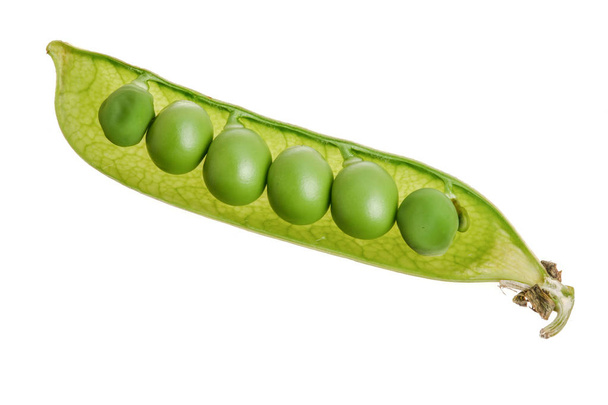 Friss zöld pea pod elszigetelt fehér background. Felülnézet. Lapos feküdt - Fotó, kép