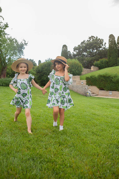Portrait of smiling beautiful girls with hats against green grass at summer park. - Foto, Bild