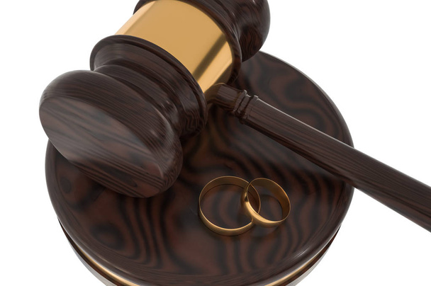 Διαζύγιο έννοια με το ξύλινο σφυρί και χρυσά γαμήλια δαχτυλίδια. 3D τετηγμένα εικονογράφηση. - Φωτογραφία, εικόνα