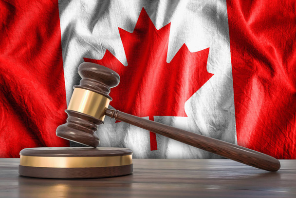 Holzgabel und Fahne Kanadas im Hintergrund - Gesetzeskonzept. 3D gerenderte Illustration. - Foto, Bild