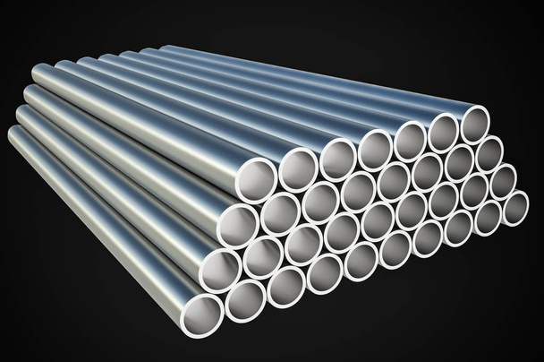 Profili metallici in acciaio a forma di tubo isolati su nero - concetto di industria. Illustrazione resa 3D
. - Foto, immagini