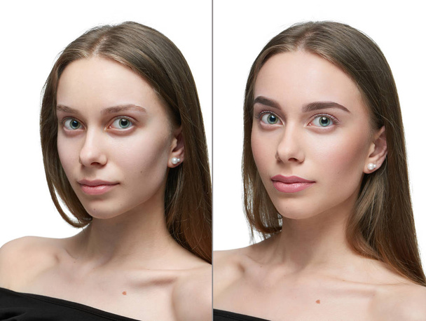 Comparison of one girl before and after make up. - Photo, image