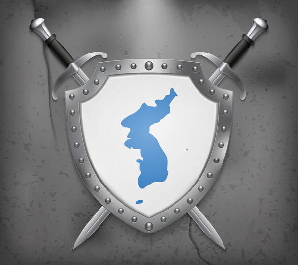 Flagge des vereinten Koreas. Schild mit Nationalflagge. zwei gekreuzte Schwerter. Vektor mittelalterlichen Hintergrund - Vektor, Bild