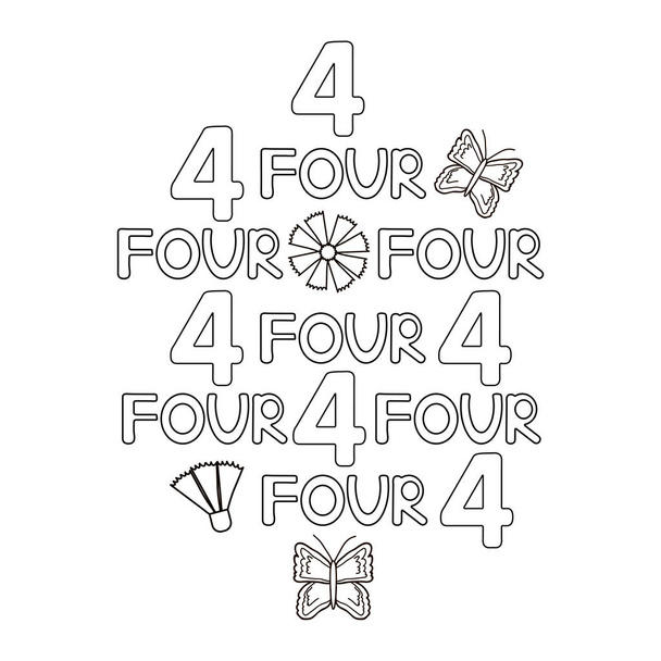 Numéral et mot quatre, papillon, fleurs. Coloriage. Illustration vectorielle
 - Vecteur, image