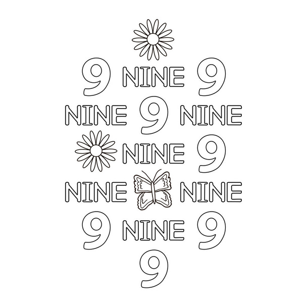 Numéral et mot neuf, papillon, fleurs. Coloriage. Illustration vectorielle
 - Vecteur, image