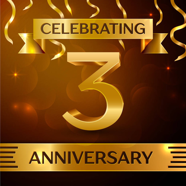 Realistic Three Years Anniversary Celebration Design. Golden confetti and gold ribbon on brown background. Colorful Vector template elements for your birthday party - Vector, Image