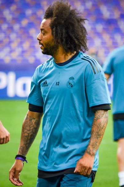 KYIV, UKRAINE - MAY 26, 2018: Marcelo and Training of football players of Real Madrid before the 2018 UEFA Champions League final match between Real Madrid and Liverpool, Ukraine - Фото, изображение