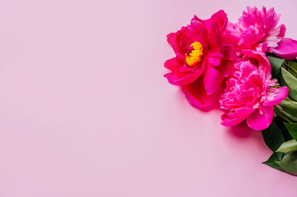 Szép bíbor pünkösdi rózsa csokor virág a rózsaszín háttér. Közelkép, flatlay stílus. - Fotó, kép