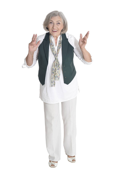 full length, happy senior woman  posing,  isolated on white - 写真・画像