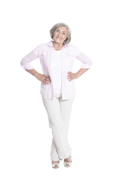 full length, happy senior woman  posing isolated on white background - Foto, afbeelding