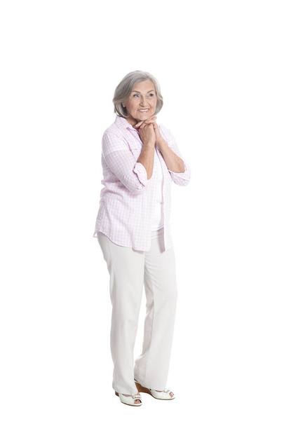 full length, happy senior woman  posing isolated on white background - Fotó, kép
