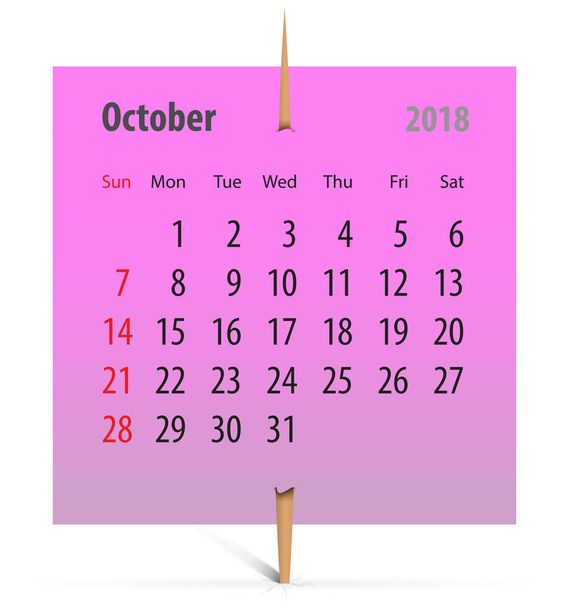 Calendar for October 2018 on a pink sticker attached with toothpick. Vector illustration - Vector, Image