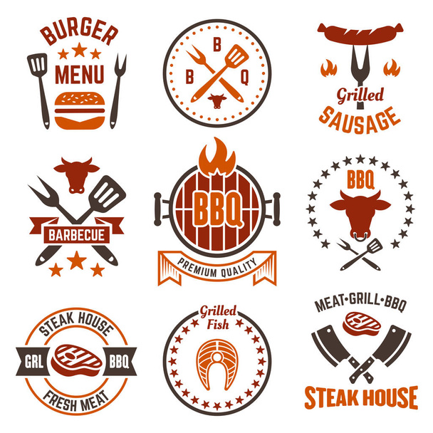 Barbecue and grill colored labels, badges, emblems - Vektör, Görsel