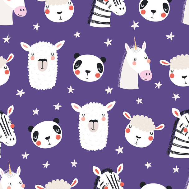 hand drawn in scandinavian style of seamless pattern with cute sleepy animals and stars, vector, illustration, Concept for children print - Vector, Image