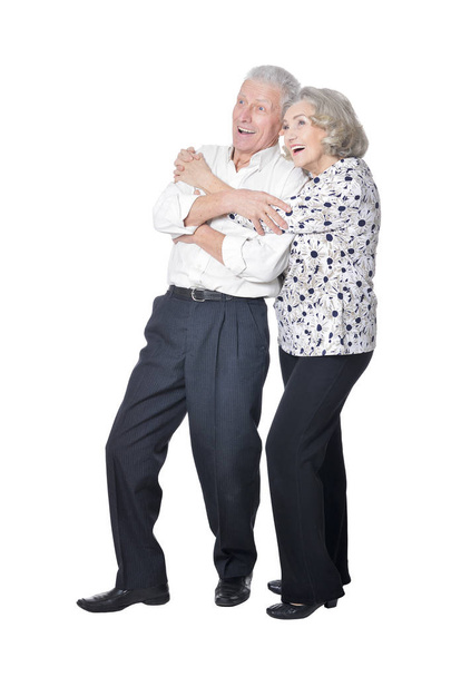 portrait of  surprised senior couple posing  isolated on white background, full length - Photo, Image