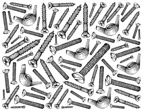 Manufacturing and Industry, Illustration Hand Drawn Sketch Wallpaper Background of Wood Screws, Machine Screws and Wing Nuts. A Type of Fastener Used to Fasten Materials Together. - Photo, Image