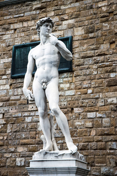Kopie von Michelangelos david Statue, die an ihrem ursprünglichen Standort steht, vor dem Palazzo Vecchio an der Piazza della Signoria in Florenz, Italien - Foto, Bild