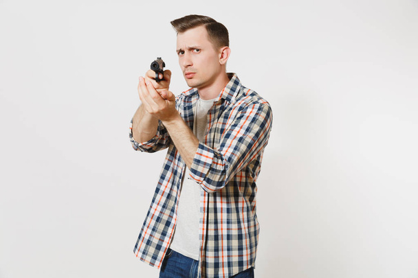 Man aiming with gun in hand pointing gesture isolated on white background. Male firearm hand no shooting symbol. Stop violence, weapons in school control, no killing people children, problem concept - Photo, Image
