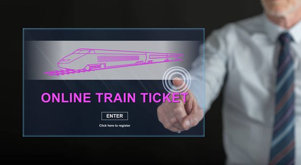 Hombre tocando un concepto de billete de tren en línea en una pantalla táctil con su dedo
 - Foto, Imagen