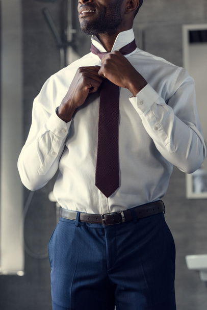 cropped shot of businessman in white shirt putting on his tie - Foto, Imagem