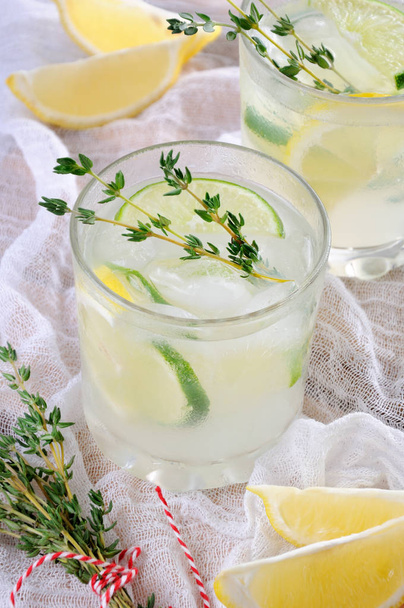 коктейль на основе джина, лимонного сока или лаймового сока и нот тимьяна. Побалуйте себя освежающим коктейлем в летний день
. - Фото, изображение