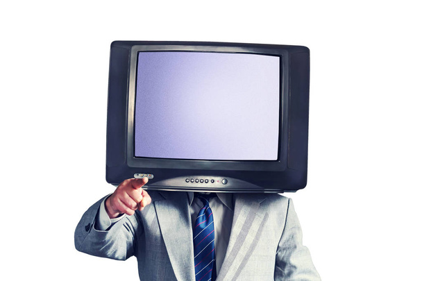 Man with a TV instead of a head isolated on a white background. Place for text. Multimedia Social networks concept. Copy space. - Foto, immagini