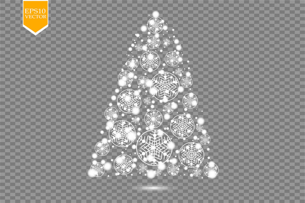 Noel ağacı yapıldı, beyaz parıltılı ışıklar ve parıltılar. Parlayan yıldız, güneş parçacıkları ve ışıldayan merceğin şeffaf arkaplan üzerindeki etkisi. Vektör - Vektör, Görsel