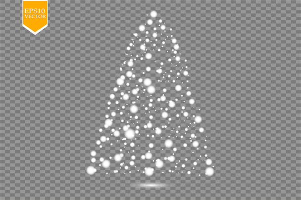 Karácsonyfa készült, fehér csillogó bokeh fények és csillogás. Ragyogó csillag, napszemcsék és szikrák lencse fáklya hatással átlátszó háttér. Vektor - Vektor, kép