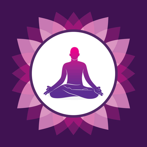 Männer bei Yoga-Meditation in Lotusposition, rosa Blatt runder Rahmen - Vektor, Bild
