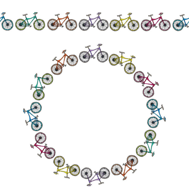 Endless Pattern Brush or Ribbon of Bicycles. Circle Frame Bike Background. Realistic Hand Drawn Illustration. Savoyar Doodle Style - Διάνυσμα, εικόνα